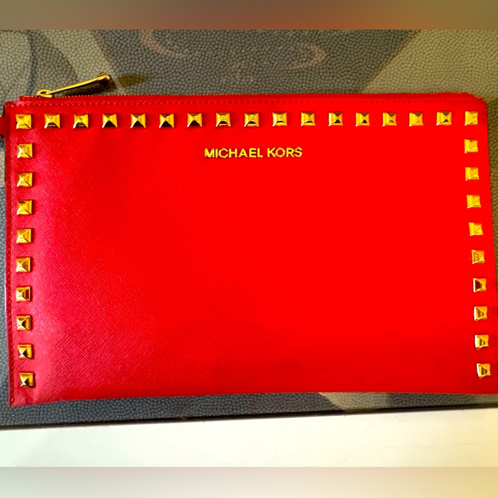 Michael Kors RED clutch w studs and wristlet